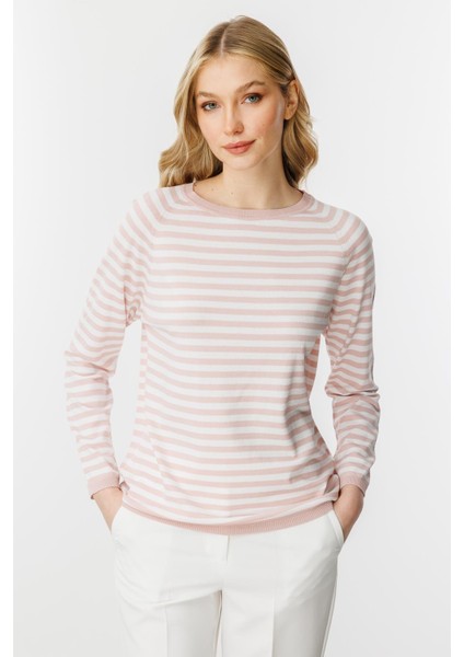 Çizgili Uzun Kol Yazlık Triko Bluz-Pudra - Ekru fiyatları
