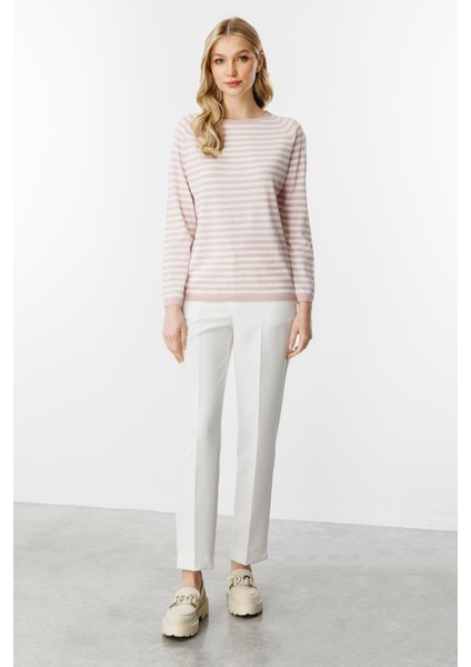 Çizgili Uzun Kol Yazlık Triko Bluz-Pudra - Ekru fırsatları