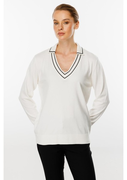 Gömlek Yaka Triko Bluz-Ekru