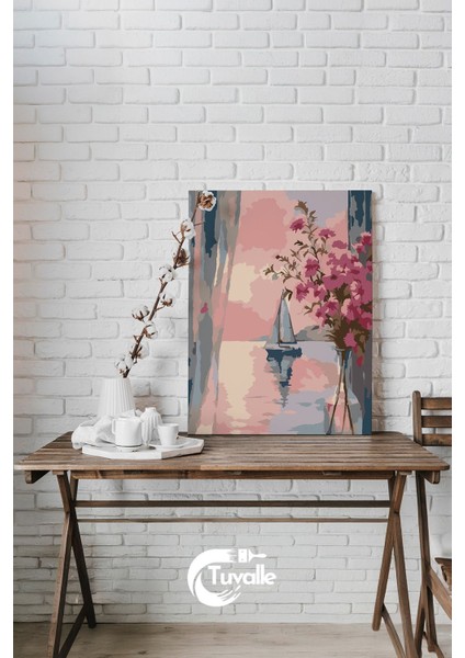 Gün Batımında Yelkenli Sayılarla Boyama Seti, Hobi Seti, 40X50 Tablo, Fırça Boya, Numaralı Tuval