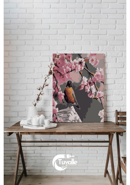 Kiraz Çiçekleri ve Kuş Sayılarla Boyama Seti, Hobi Seti, 40X50 Tablo, Fırça Boya, Numaralı Tuval