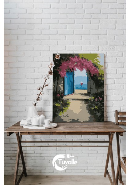 Mavi Kapıdan Deniz Sayılarla Boyama Seti, Hobi Seti, 40X50 Tablo, Fırça Boya, Numaralı Tuval