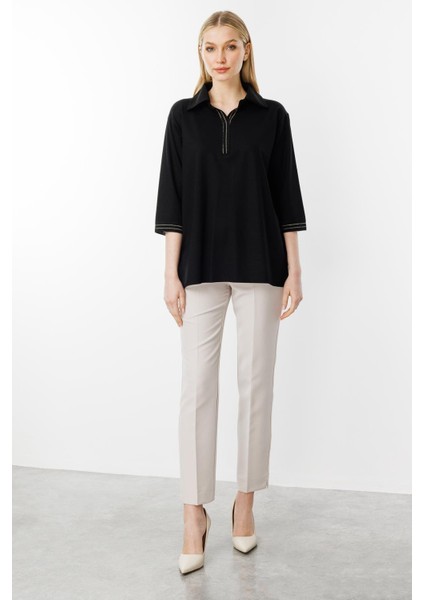 Ribana Detaylı Gömlek Yaka Bluz-Siyah