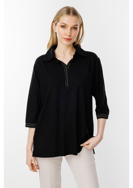 Ribana Detaylı Gömlek Yaka Bluz-Siyah fiyatları