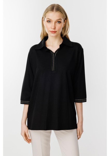 Ribana Detaylı Gömlek Yaka Bluz-Siyah modelleri