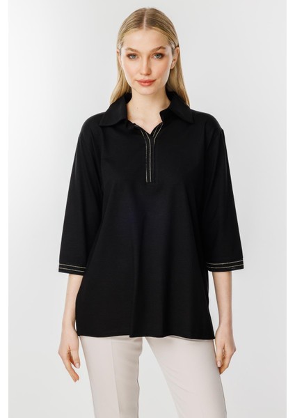 Ribana Detaylı Gömlek Yaka Bluz-Siyah fırsatları