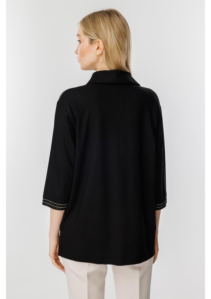 Ribana Detaylı Gömlek Yaka Bluz-Siyah indirimleri