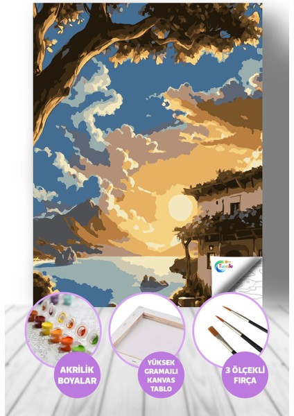 Göl Kenarında Bir Akşam Sayılarla Boyama Seti, Hobi Seti, 40X50 Tablo, Fırça Boya, Numaralı Tuval
