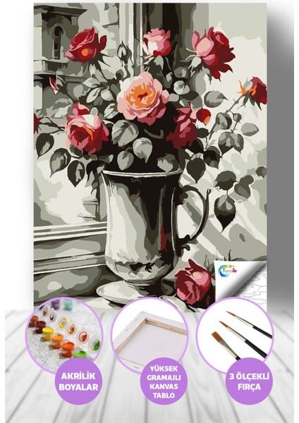 Gümüşteki Güller Sayılarla Boyama Seti, Hobi Seti, 40X50 Tablo, Fırça Boya, Numaralı Tuval