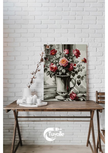 Gümüşteki Güller Sayılarla Boyama Seti, Hobi Seti, 40X50 Tablo, Fırça Boya, Numaralı Tuval