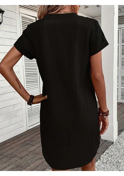 Kadın Kısa Kollu V Yakalı Düğmeli Müslim Kısa Elbise fiyatları