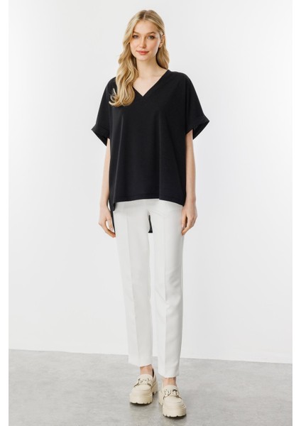 Oversize V Yaka Kısa Kol Bluz-Siyah