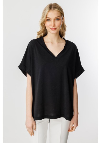 Oversize V Yaka Kısa Kol Bluz-Siyah fiyatları