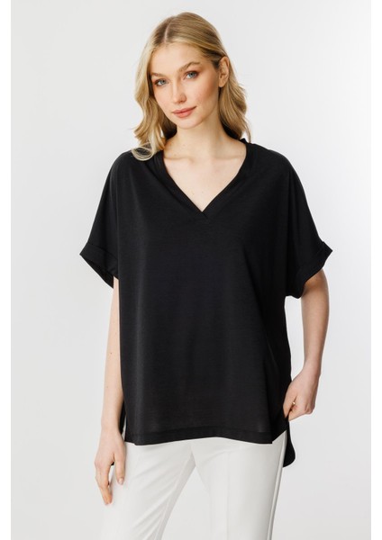 Oversize V Yaka Kısa Kol Bluz-Siyah modelleri
