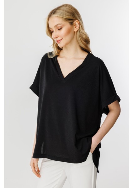 Oversize V Yaka Kısa Kol Bluz-Siyah fırsatları