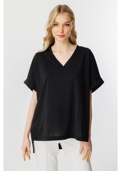 Oversize V Yaka Kısa Kol Bluz-Siyah indirimleri