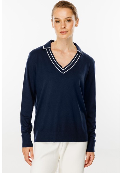 Gömlek Yaka Triko Bluz-Lacivert fırsatları