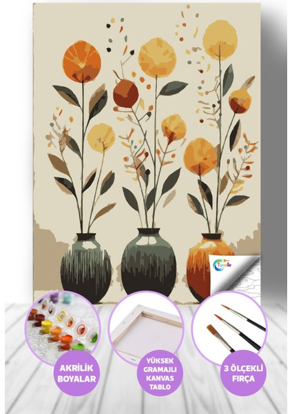 Pastel Çiçekler Sayılarla Boyama Seti, Hobi Seti, 40X50 Tablo, Fırça Boya, Numaralı Tuval