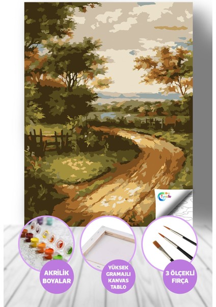 Köyümüzün Güzel Yolu Sayılarla Boyama Seti, Hobi Seti, 40X50 Tablo, Fırça Boya, Numaralı Tuval