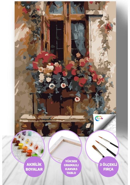Pencere Bahçesi Sayılarla Boyama Seti, Hobi Seti, 40X50 Tablo, Fırça Boya, Numaralı Tuval