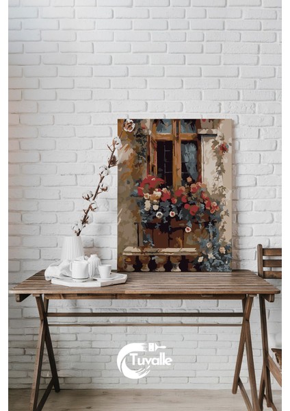 Pencere Bahçesi Sayılarla Boyama Seti, Hobi Seti, 40X50 Tablo, Fırça Boya, Numaralı Tuval