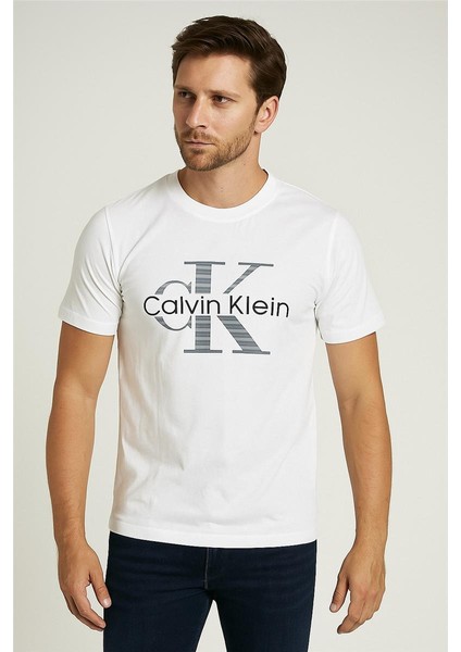 Trend Kapında Calvin Klein Bisiklet Yaka Tshirt Beyaz