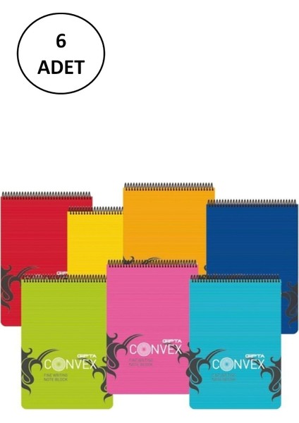 Gıpta A5 Bloknot Convex Spiralli Plastik Kapak Çizgili 100 Yaprak 6 Adet