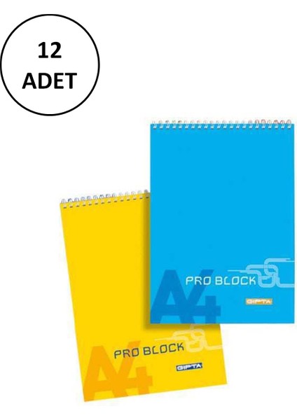 Gıpta A4 Bloknot Pro-Block Spiralli Karton Kapak Kareli 40 Yaprak 12 Adet