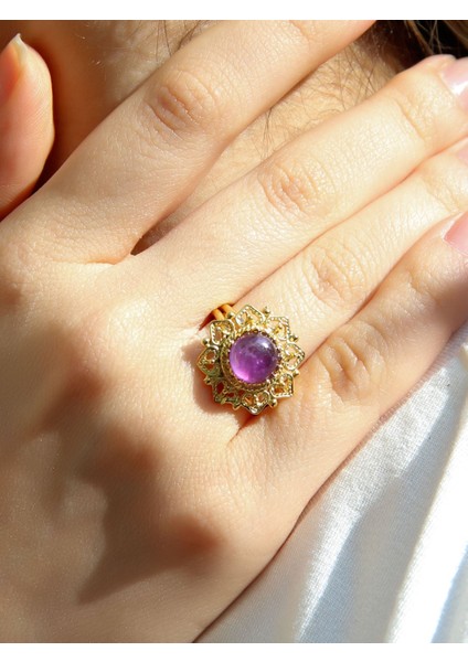 Doğal Taş Ametist Doğal Taşlı Telkari Model Kadın Ayarlanabilir Altın Kaplama Yüzük EUY62AMTG