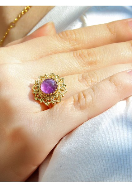 Doğal Taş Ametist Doğal Taşlı Telkari Model Kadın Ayarlanabilir Altın Kaplama Yüzük EUY62AMTG fiyatları