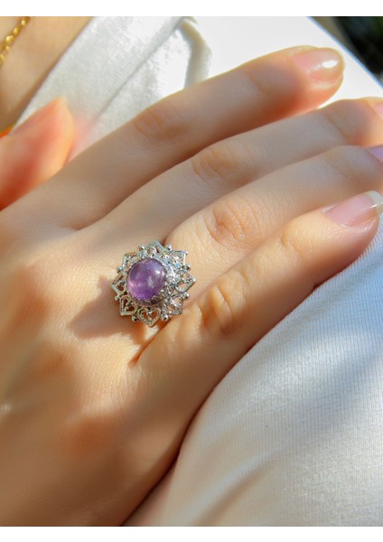 Doğal Taş Ametist Doğal Taşlı Telkari Model Kadın Ayarlanabilir Gümüş Kaplama Yüzük EUY62AMTR