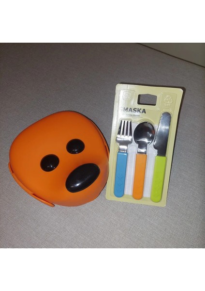 Smaska Çocuk Çatal Bıçak ve Turuncu Saklama Kabı Seti 4 Parça