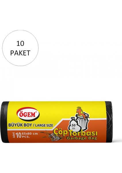 Büyük Boy Çöp Torbası 65 x 80 cm 10 Lu Rulo x 10 Paket = 100 Adet (Siyah)