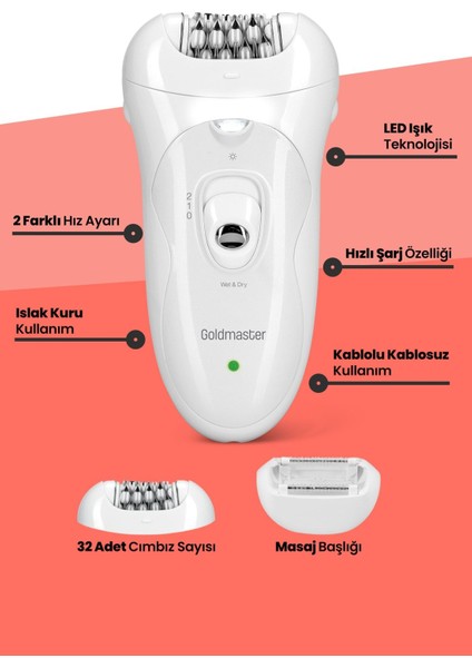 İkili LED Işıklı Şarjlı Islak Kuru Epilatör ve Masaj Başlığı