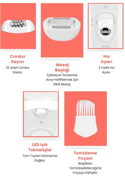 İkili LED Işıklı Şarjlı Islak Kuru Epilatör ve Masaj Başlığı