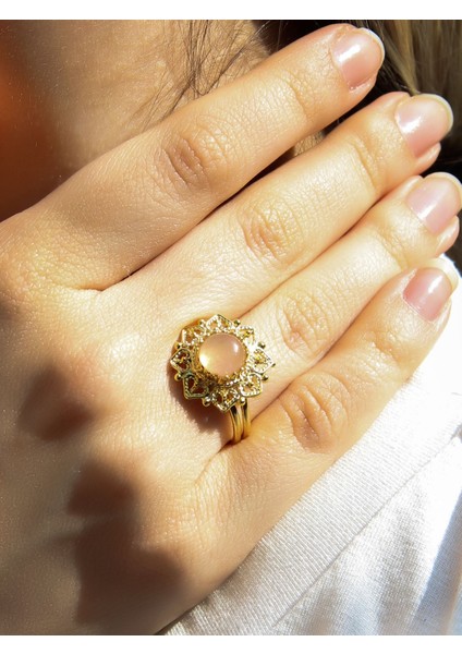 Doğal Taş Pembe Kuvars Doğal Taşlı Telkari Model Kadın Ayarlanabilir Altın Kaplama Yüzük EUY62PKG