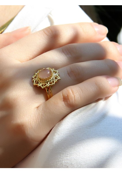 Doğal Taş Pembe Kuvars Doğal Taşlı Telkari Model Kadın Ayarlanabilir Altın Kaplama Yüzük EUY62PKG fiyatları