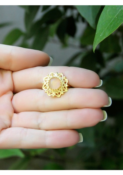 Doğal Taş Pembe Kuvars Doğal Taşlı Telkari Model Kadın Ayarlanabilir Altın Kaplama Yüzük EUY62PKG modelleri