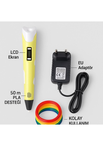 3D Yazıcı Kalemi 50 mt Filament LCD Ekranlı, Pla Destekli, Eu Fişli Eğlence ve Yaratıcı Tasarımlar