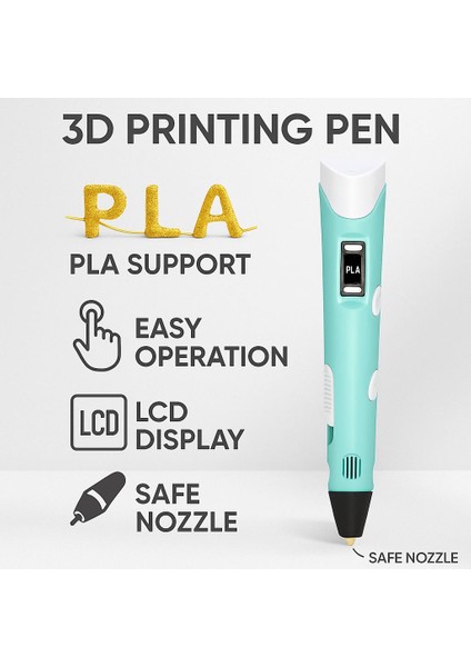 3D Yazıcı Kalemi 50 mt Filament LCD Ekranlı, Pla Destekli, Eu Fişli Eğlence ve Yaratıcı Tasarımlar