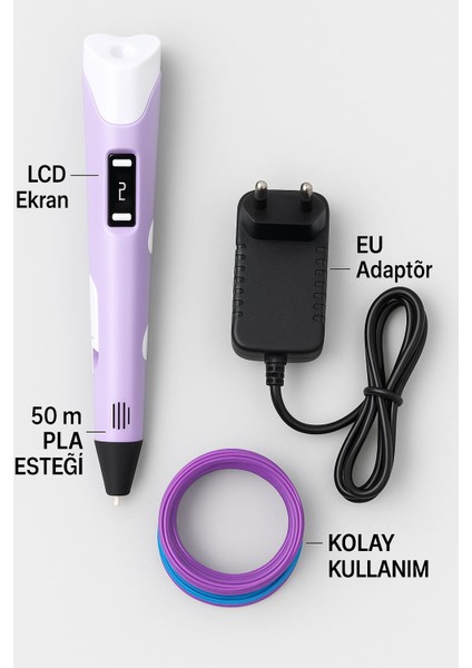 3D Yazıcı Kalemi 50 mt Filament LCD Ekranlı, Pla Destekli, Eu Fişli Eğlence ve Yaratıcı Tasarımlar