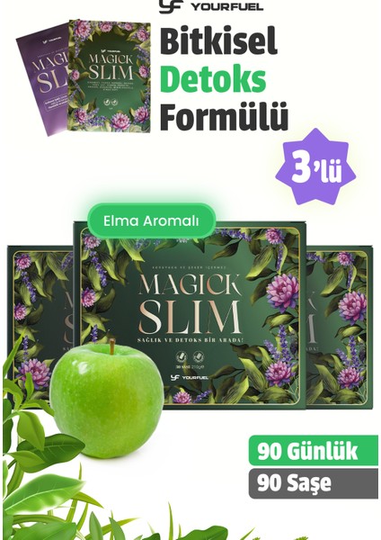 MagickSlim Elma Aromalı | 90 Günlük Kullanım | 10 Bitkili Karışım | Bitkisel Karışım İçecek 3 Kutu | 90 Saşe