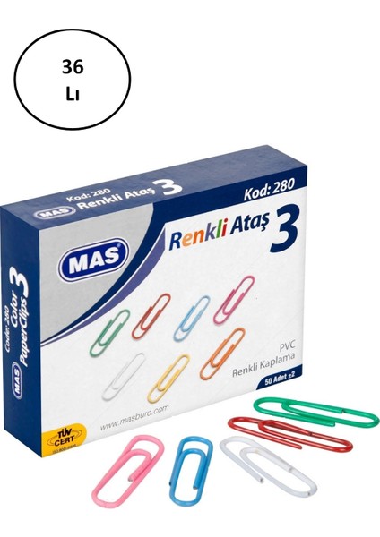 Mas 280 Renkli Ataş Pvc Kaplı 28 mm 36'lı