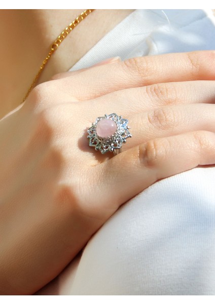 Doğal Taş Pembe Kuvars Doğal Taşlı Telkari Model Kadın Ayarlanabilir Gümüş Kaplama Yüzük EUY62PKR