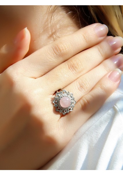 Doğal Taş Pembe Kuvars Doğal Taşlı Telkari Model Kadın Ayarlanabilir Gümüş Kaplama Yüzük EUY62PKR fiyatları