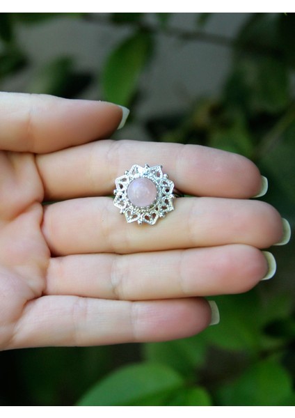 Doğal Taş Pembe Kuvars Doğal Taşlı Telkari Model Kadın Ayarlanabilir Gümüş Kaplama Yüzük EUY62PKR modelleri