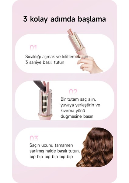 Kalın Dalga Saç Maşası 32mm, Seramik Plaka, Otomatik, Pembe, 210°C, 60mm çap modelleri