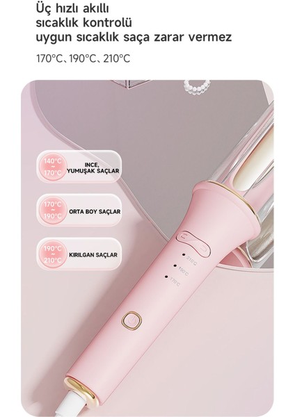 Kalın Dalga Saç Maşası 32mm, Seramik Plaka, Otomatik, Pembe, 210°C, 60mm çap
