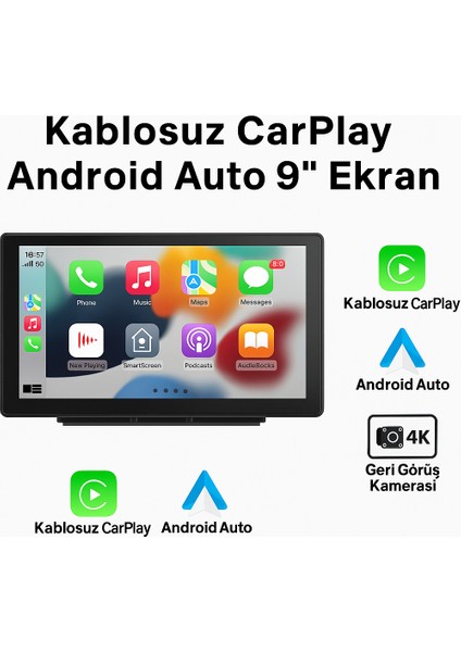 Kablosuz Apple Carplay & Android Auto Uyumlu 9" Dokunmatik Araç Ekranı + Geri Görüş Kamerası + Fm Transmitter + Aux Çıkışlı Multimedya Sistemi