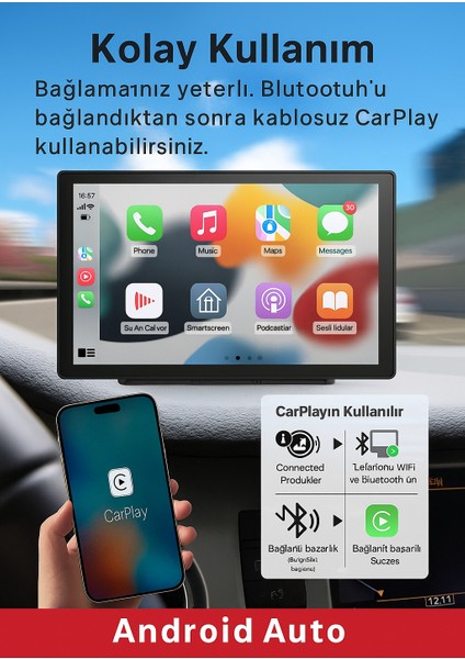 Kablosuz Apple Carplay & Android Auto Uyumlu 9" Dokunmatik Araç Ekranı + Geri Görüş Kamerası + Fm Transmitter + Aux Çıkışlı Multimedya Sistemi